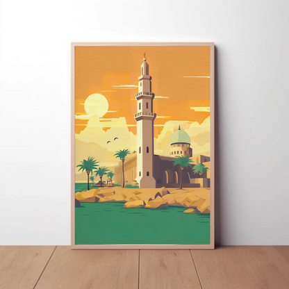 Seaside Mosque Golden Sunset Coastal Scene Travel Poster