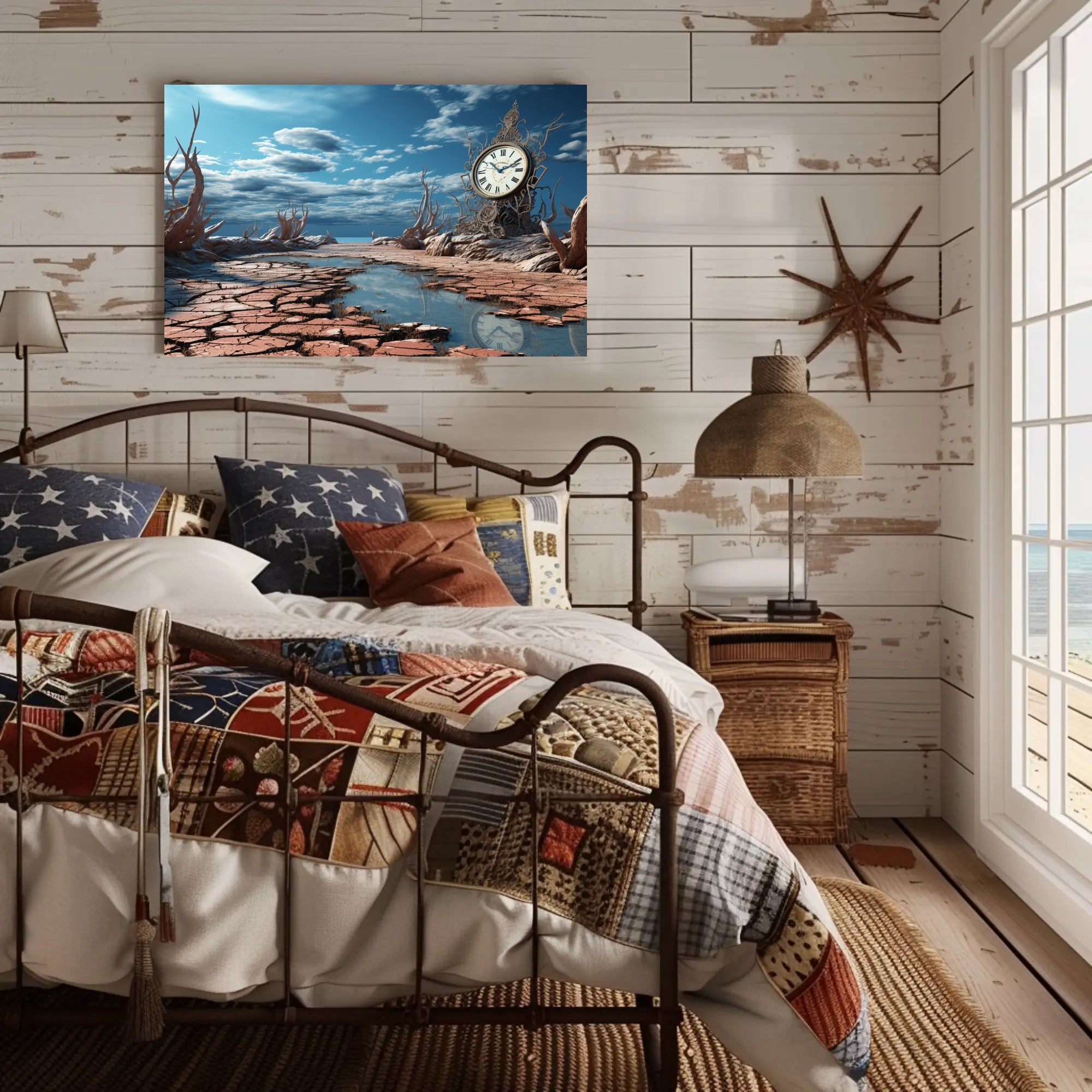 Surrealistic Timepiece in Arid Dreamscape Artistic Poster