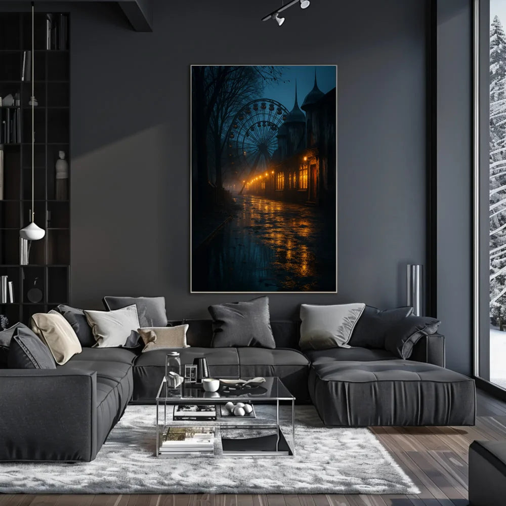 Eerie Nighttime Amusement Park Urban or Cityscape Poster PosterGoat
