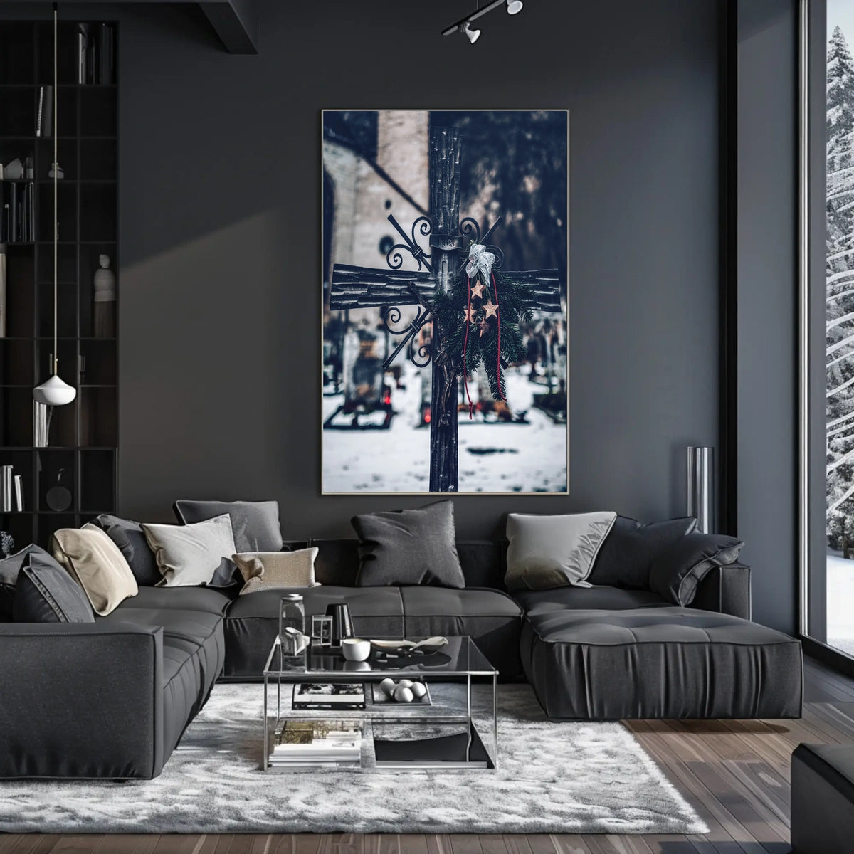 Winter Cemetery Scene with Wreath and Cross Poster