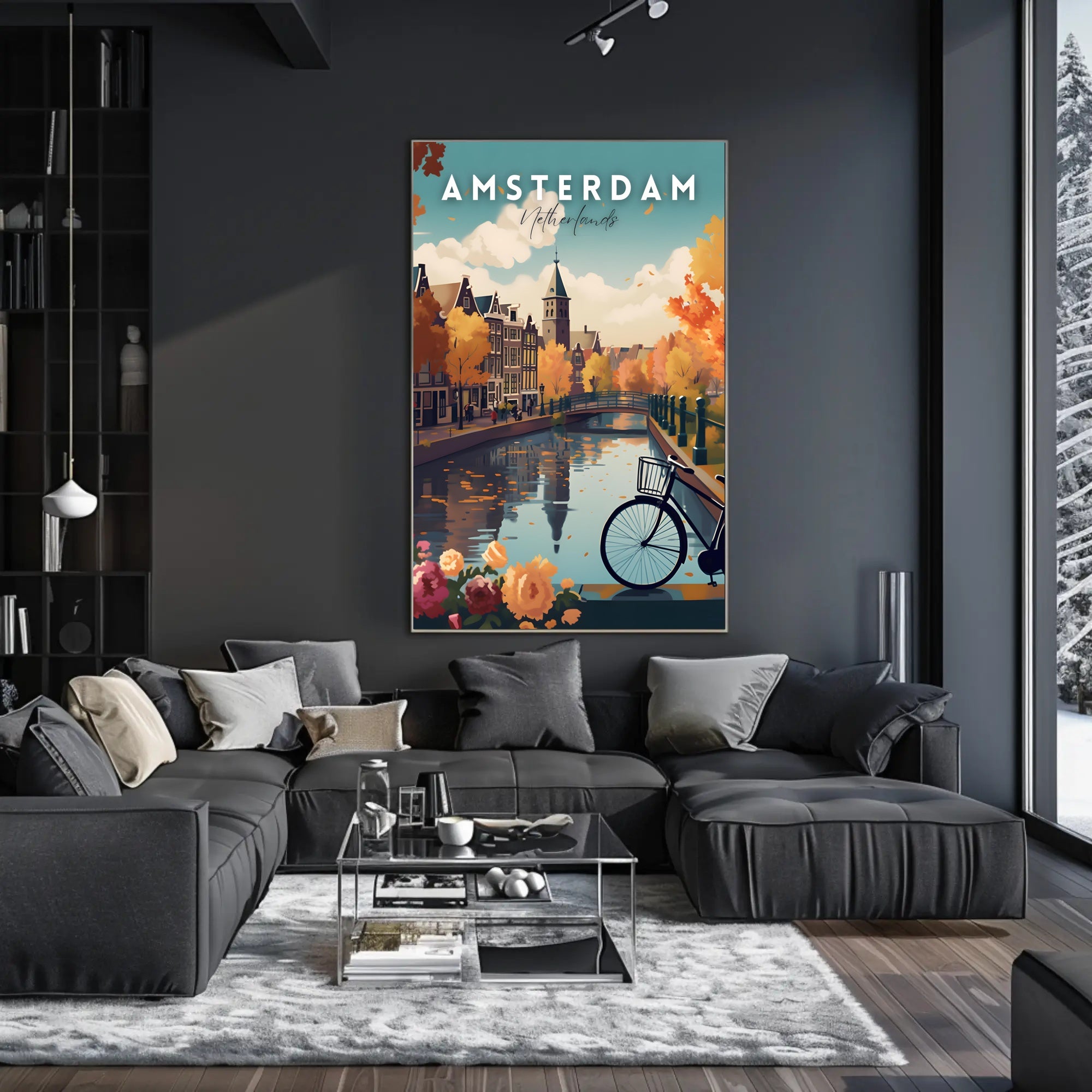 Scenic Autumn Amsterdam Canal Travel Poster
