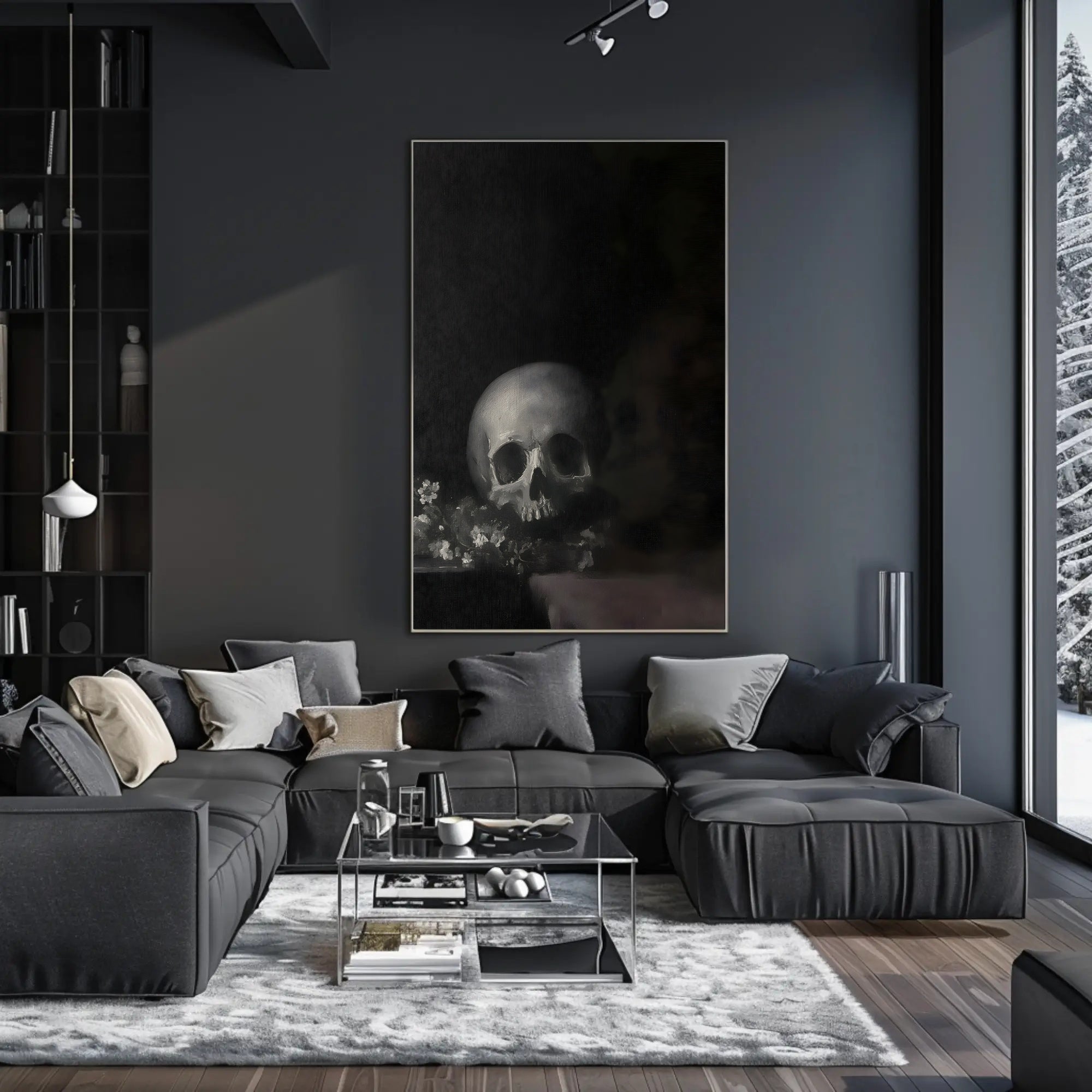 Dark Skull with Flowers: Classical Vanitas Artistic Poster PosterGoat