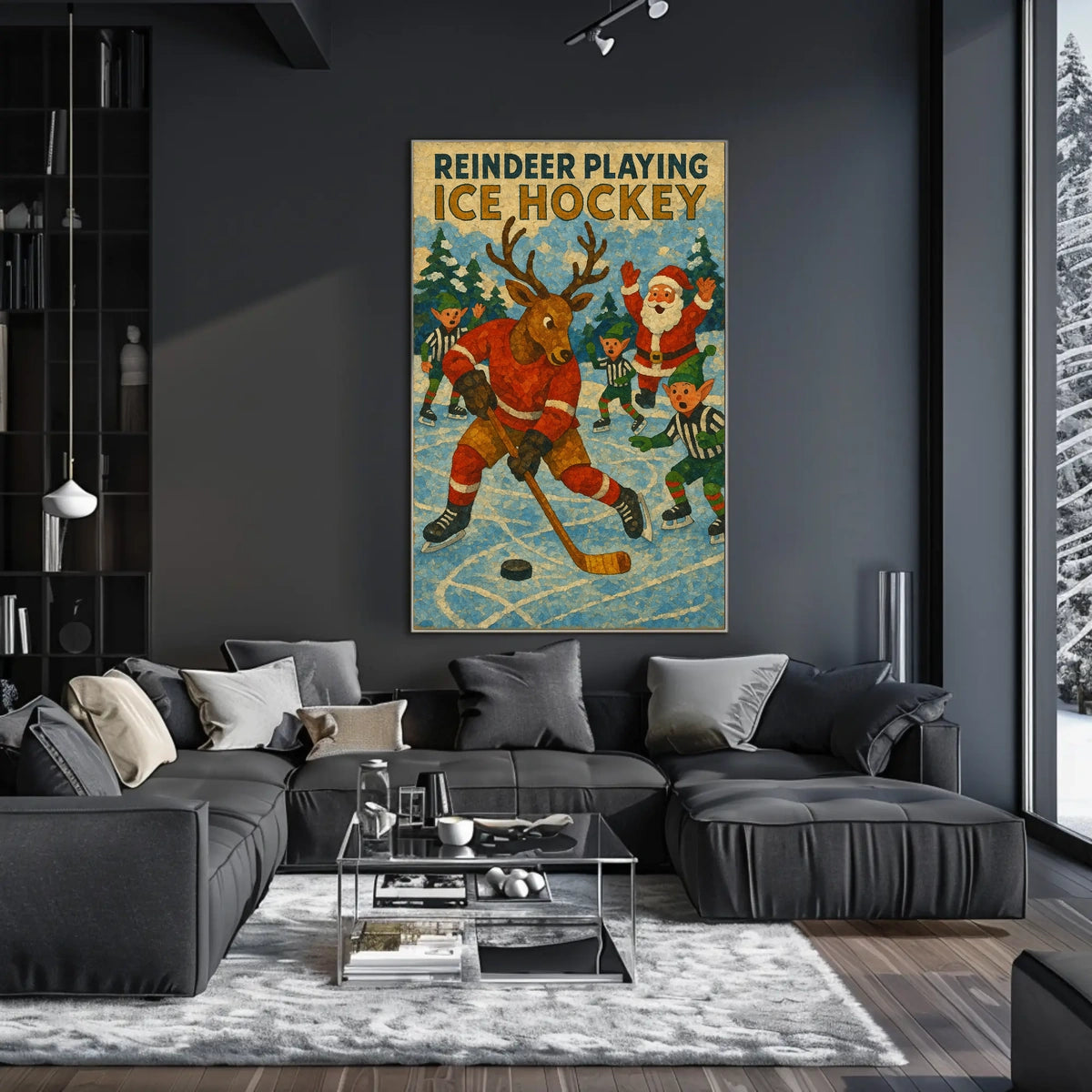 Whimsical Holiday Reindeer Playing Hockey Sports Poster