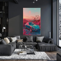 Vintage Car In Dreamy Landscape Poster Art Print PosterGoat