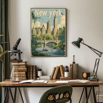 New York Central Park Bridge Skyline Vintage Travel Poster