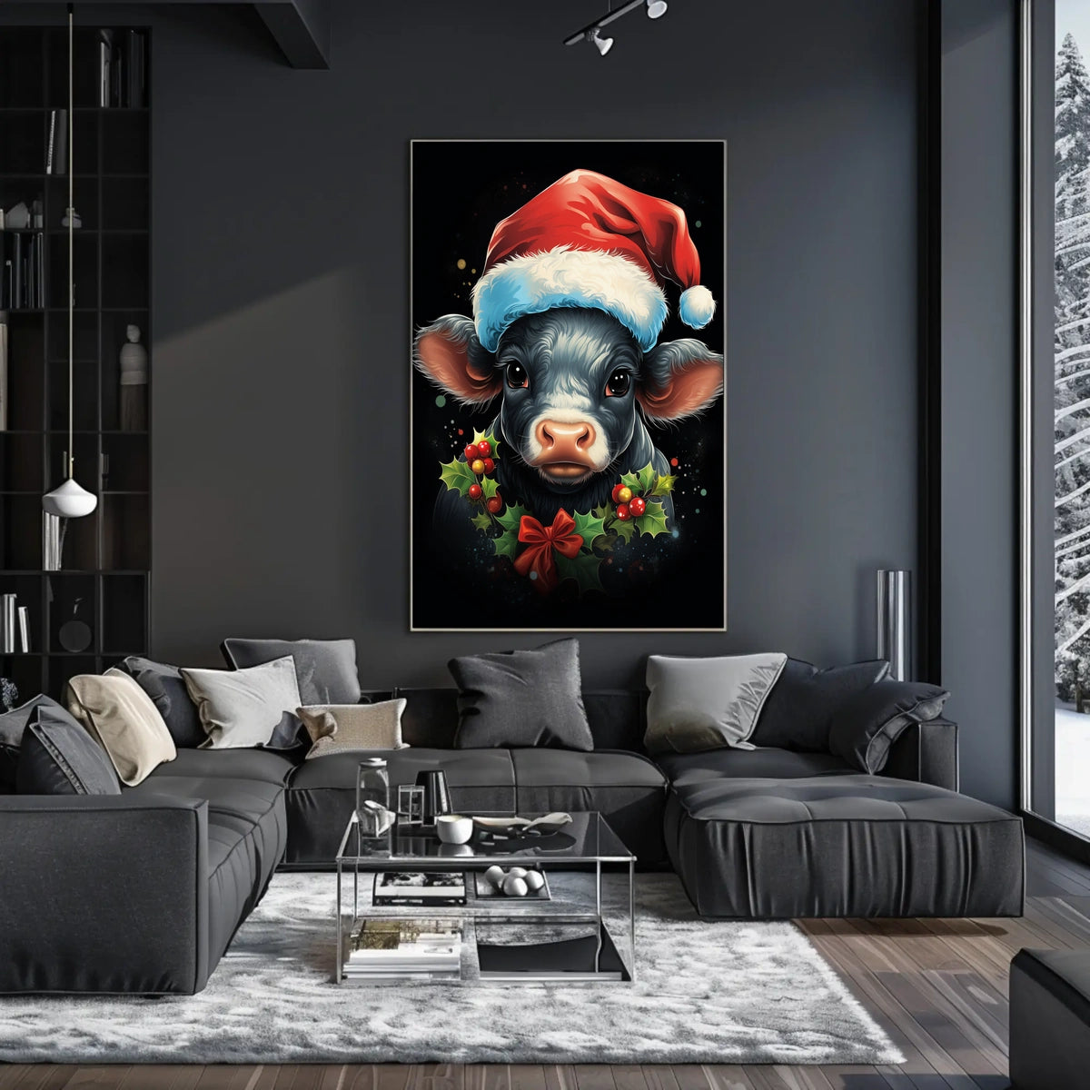 Festive Calf Christmas Poster with Santa Hat
