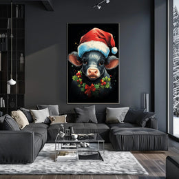 Festive Calf Christmas Poster with Santa Hat