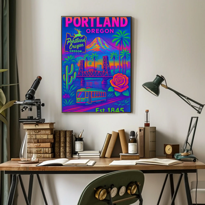 Portland Oregon Rose Bridge Mountain Vintage Travel Poster