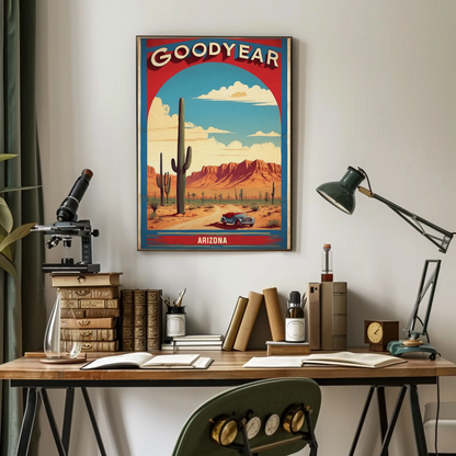 Goodyear Arizona Desert Roadster Mountains Vintage Travel Poster