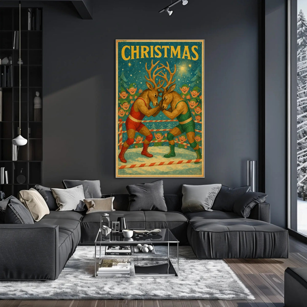 Whimsical Reindeer Wrestling Match: Christmas Pop Culture Poster