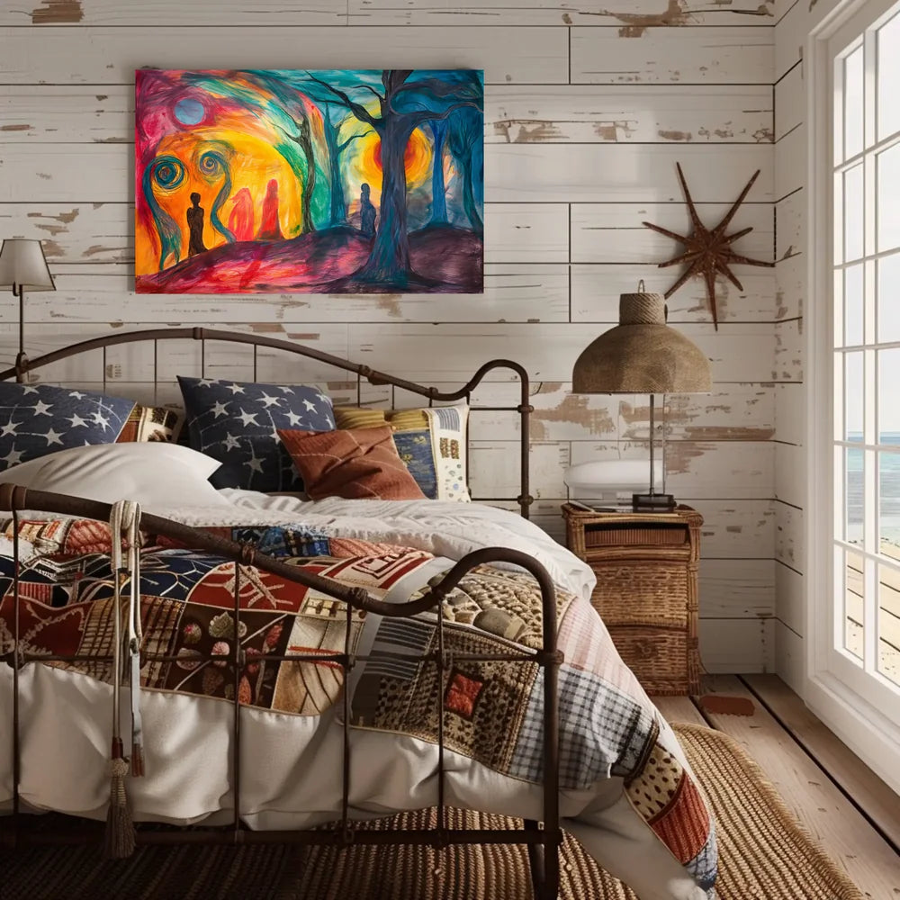 The poster is an abstract, surrealistic artwork with a vibrant and emotive theme. Travel Poster