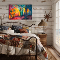 The poster is an abstract, surrealistic artwork with a vibrant and emotive theme. Travel Poster
