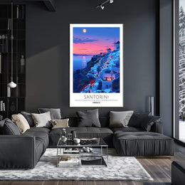 Santorini Sunset Travel Scene: Beautiful Mediterranean Landscape Poster