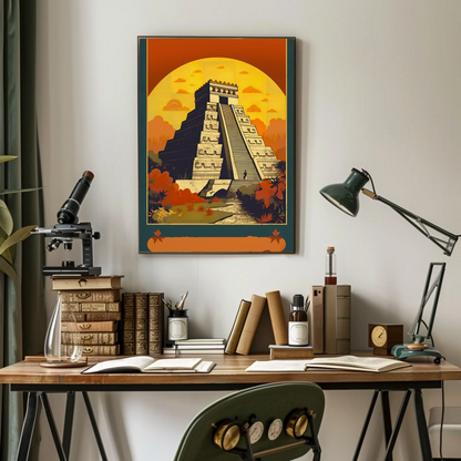 Mexico Chichen Itza Pyramid Sunset Vintage Travel Poster