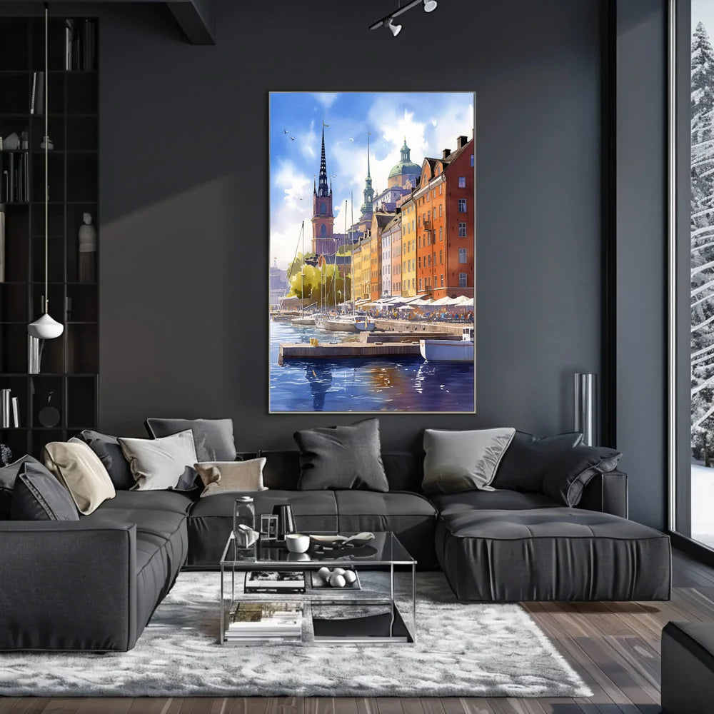 European Waterfront Scene: Vibrant Historical Cityscape Poster