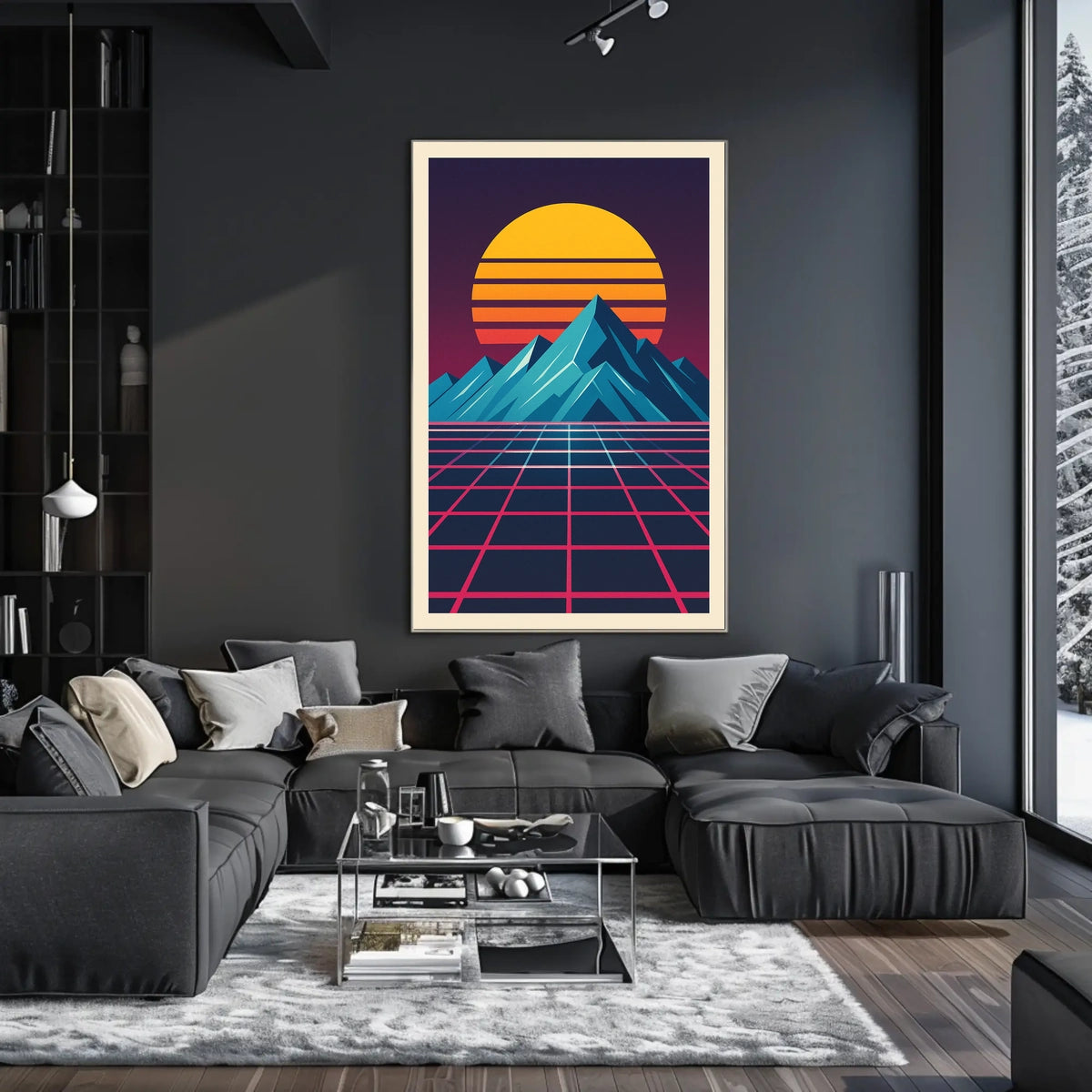 Retro-Futuristic Synthwave Mountain Landscape Futuristic Sci-Fi Poster