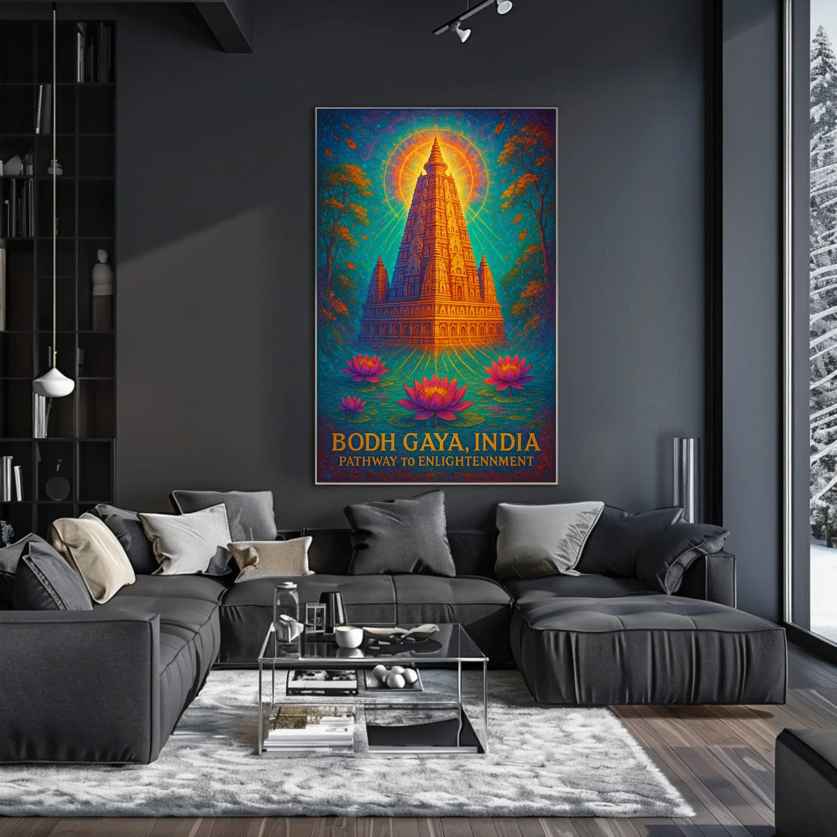 Bodh Gaya Spiritual Enlightenment Poster with Lotus Flowers