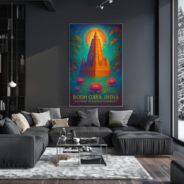 Bodh Gaya Spiritual Enlightenment Poster with Lotus Flowers