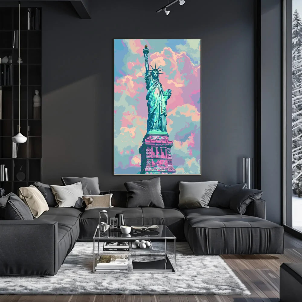 The poster features an artistic depiction of the Statue of Liberty, a symbol Travel Poster