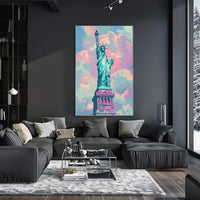 The poster features an artistic depiction of the Statue of Liberty, a symbol Travel Poster