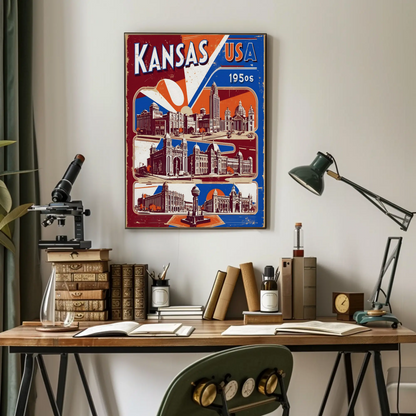 Kansas USA 1950s Grand Structures Vintage Maroon Travel Poster