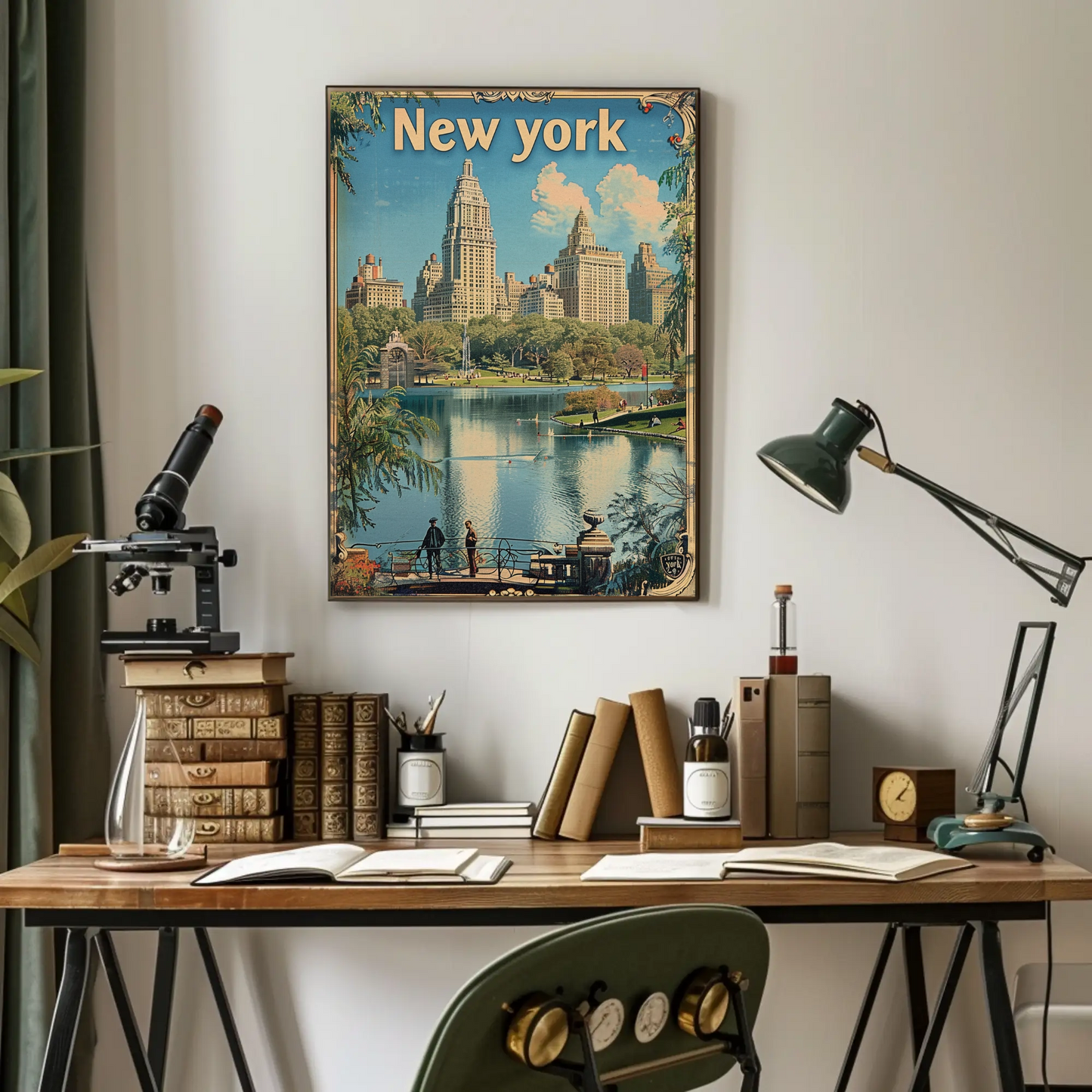 New York Central Park Skyline Lake Vintage Travel Poster