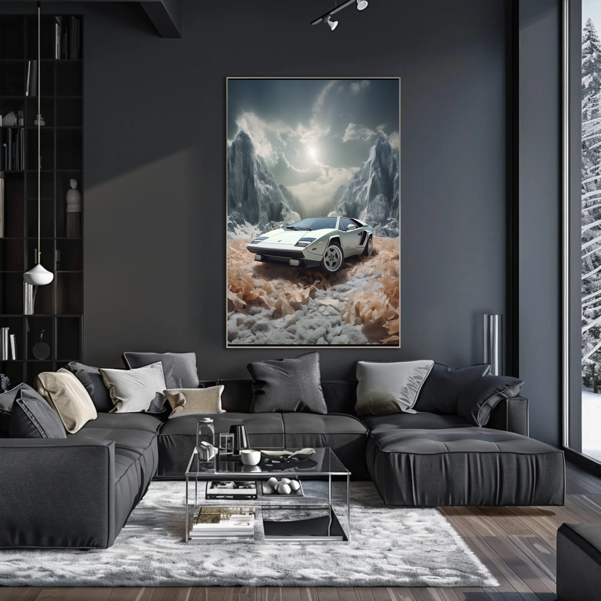 Retro Sports Car Adventure in Fantasy Landscape Futuristic Sci-Fi Poster