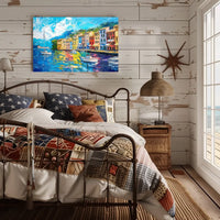Mediterranean Coastal Town Vibrant Harbor Scene Poster