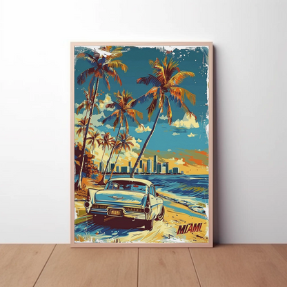 Miami Classic Car Palm Trees Beach Scene Travel Poster Travel Poster