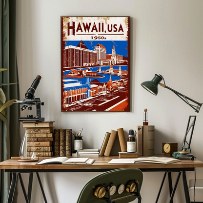 Hawaii USA 1950s Island Life Vintage Maroon Travel Poster