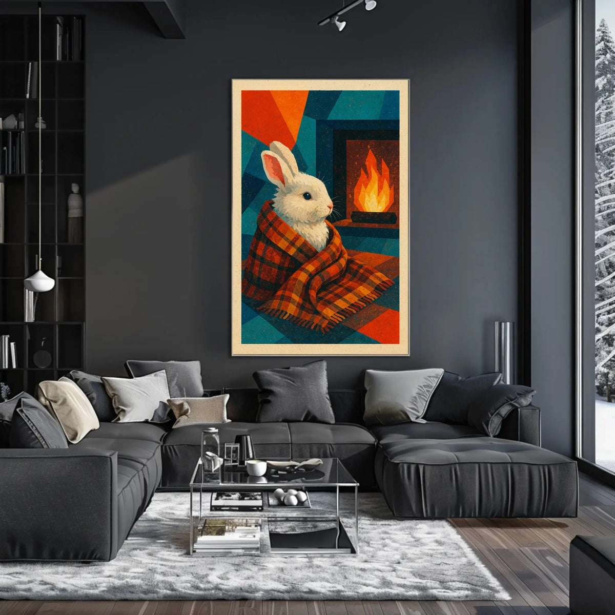 Cozy Rabbit by the Fireplace Poster