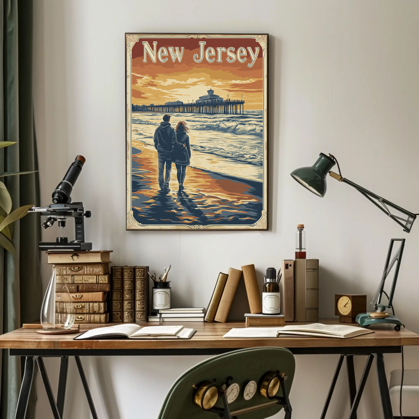 New Jersey Vintage Poster - Romantic Beach Walk