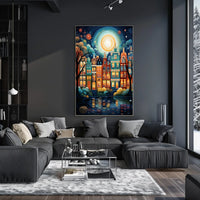 Vibrant European Cityscape at Night Travel Poster