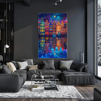 Colorful Dutch Canal Houses Under Starry Night Sky
