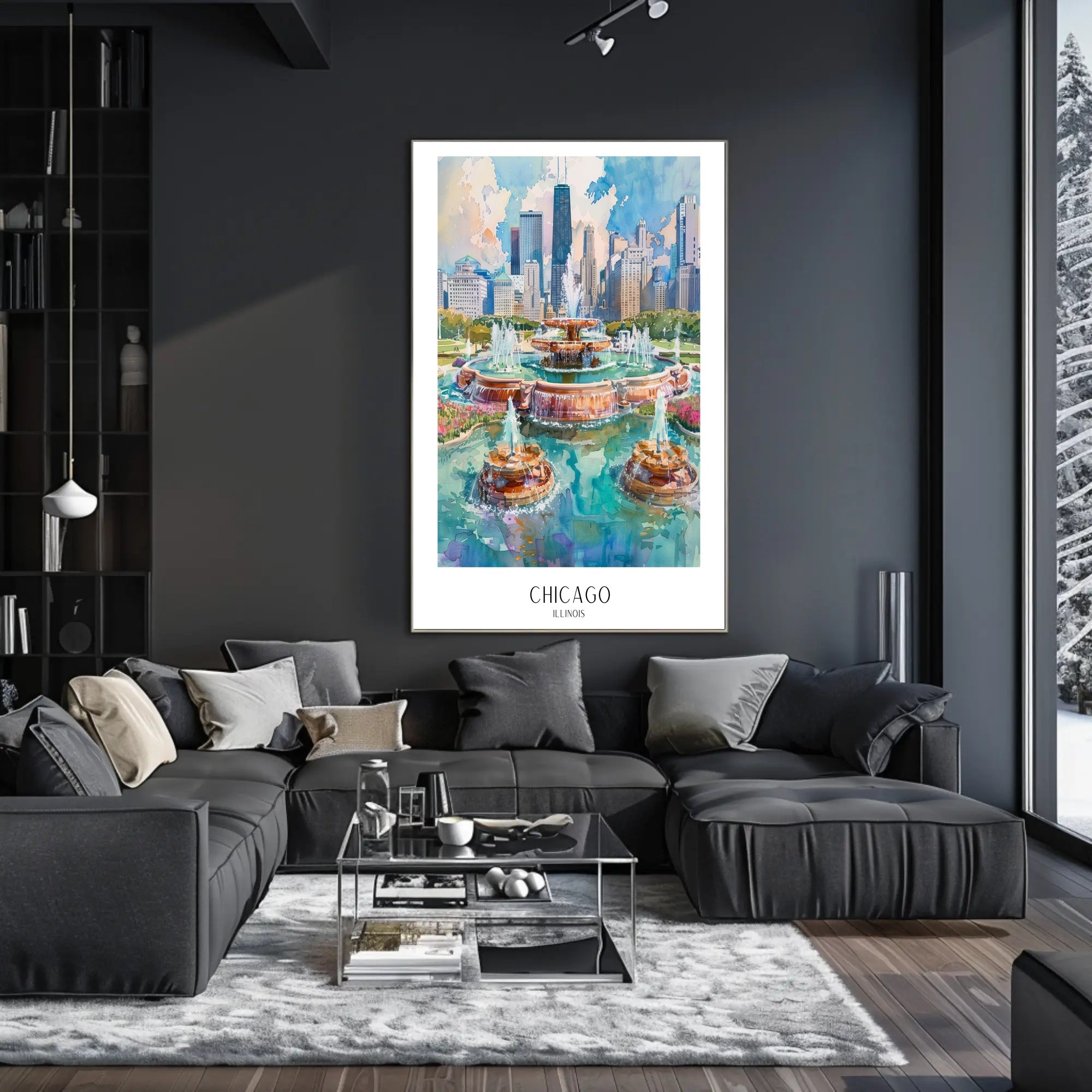 Chicago Skyline with Buckingham Fountain Urban Cityscape Poster PosterGoat