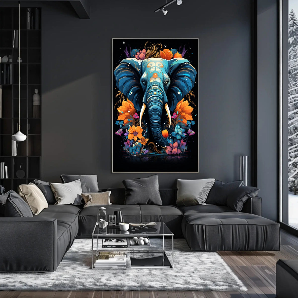 Vibrant Elephant Art Poster with Floral Patterns