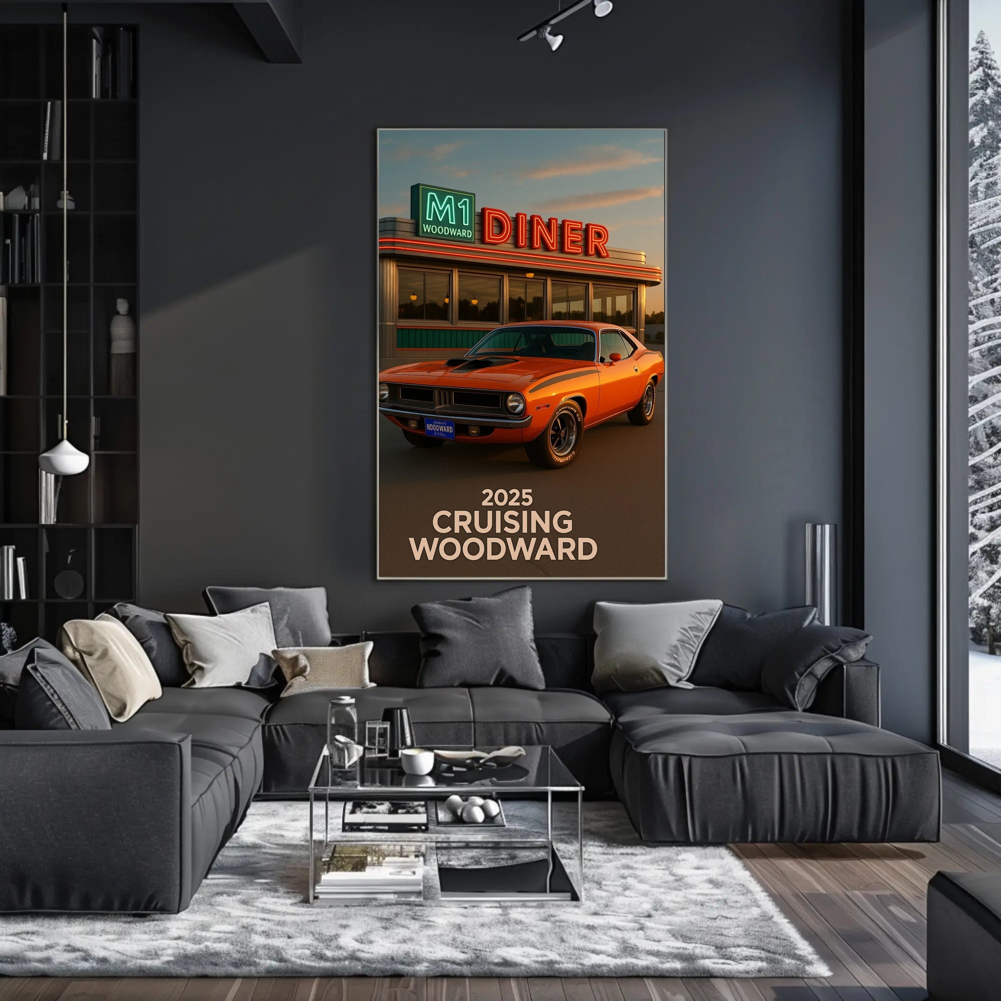 Classic Muscle Car and Diner Scene Retro Travel Poster