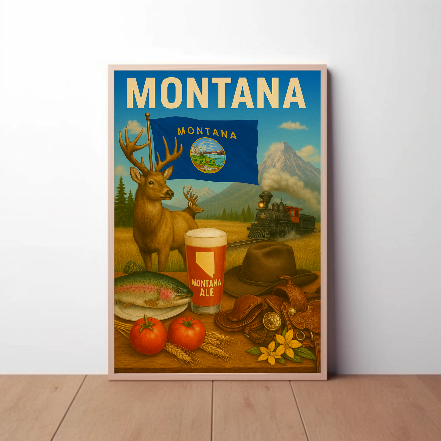 Montana Ale Elk Train Tomato Trout Hat Travel Poster
