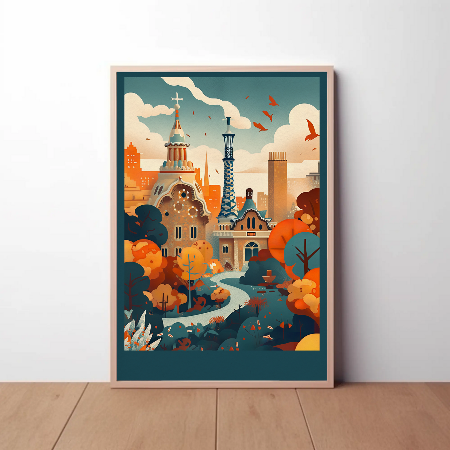 Barcelona Park Guell Surreal Skyline Travel Poster