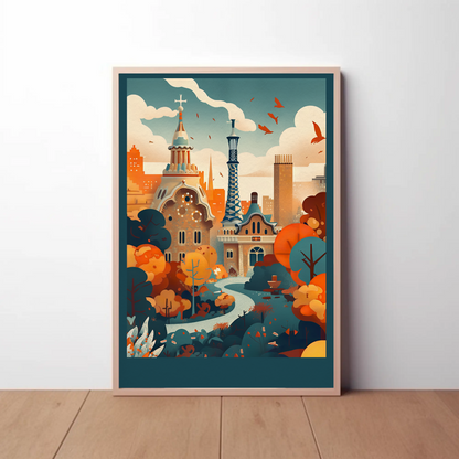 Barcelona Park Guell Surreal Skyline Travel Poster