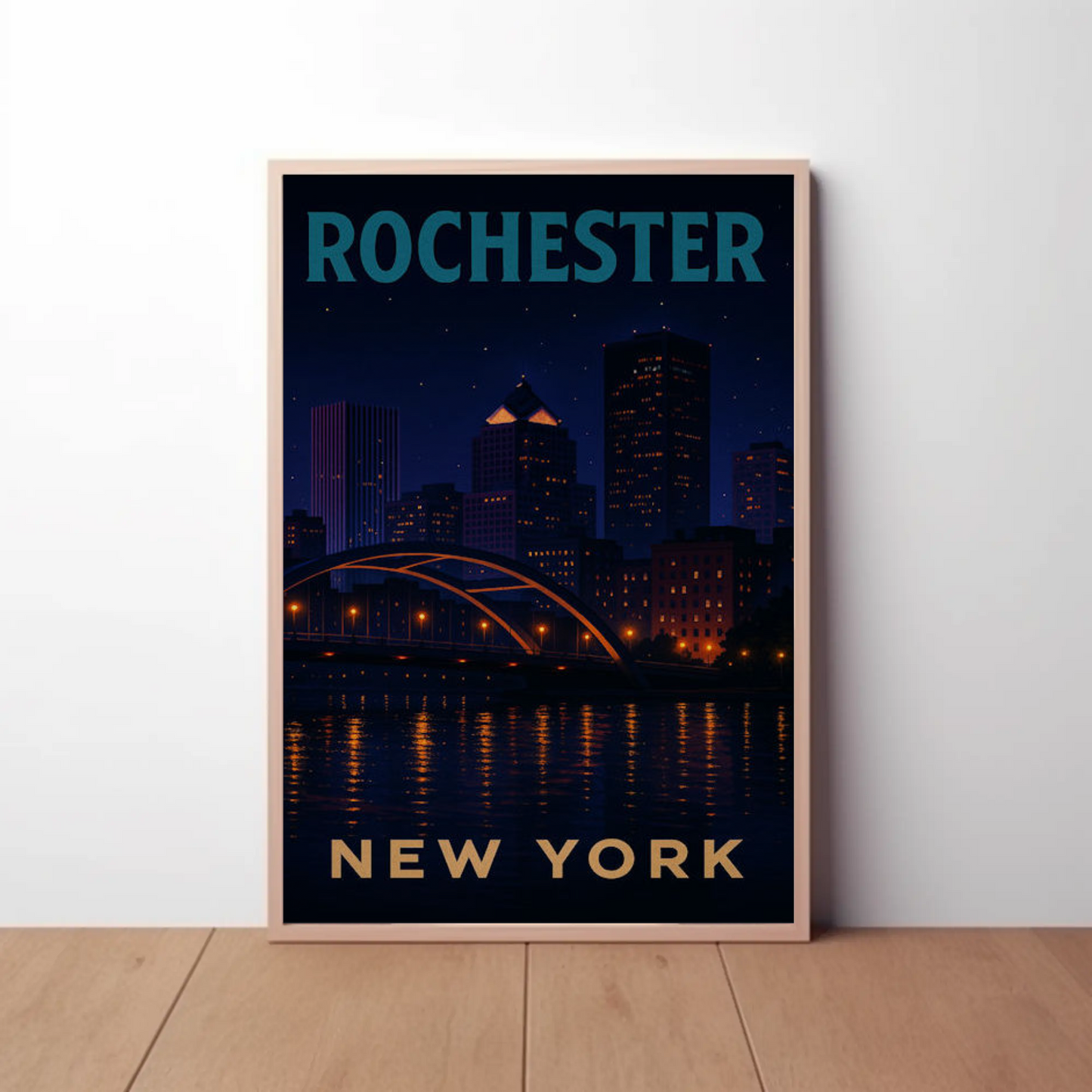 Rochester New York Night Skyline River Lights Travel Poster Travel Poster