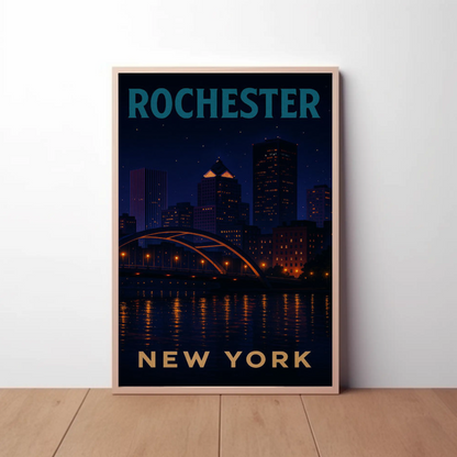 Rochester New York Night Skyline River Lights Travel Poster Travel Poster