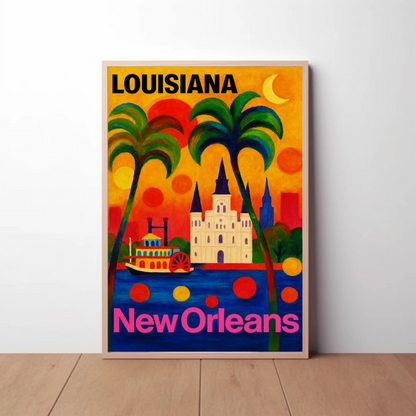 New Orleans Louisiana Steamboat Cathedral Cityscape Travel Poster