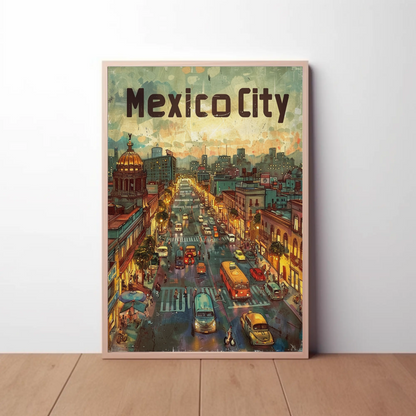 Mexico City Urban Nightlife Lanterns Travel Poster