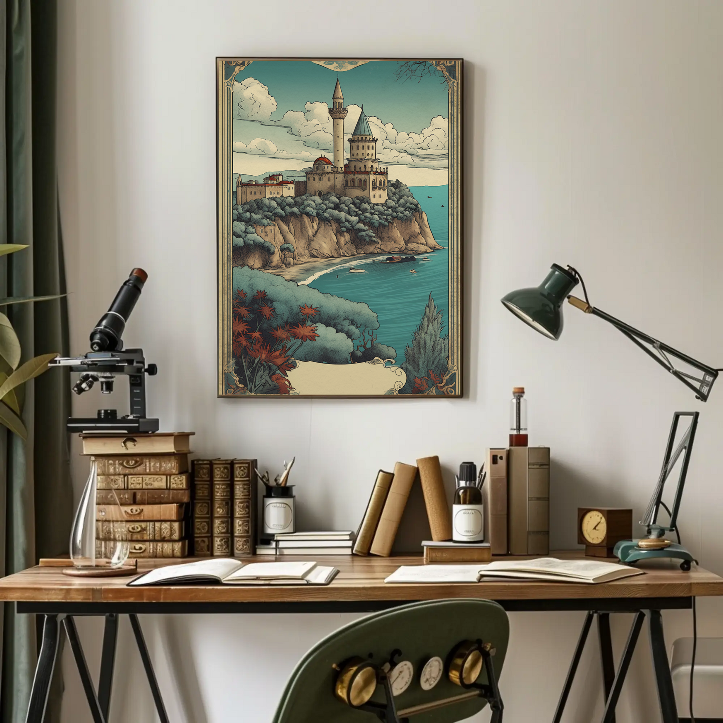 Cliffside Seaside Fortress Vintage Travel Poster