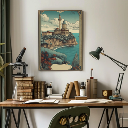 Cliffside Seaside Fortress Vintage Travel Poster