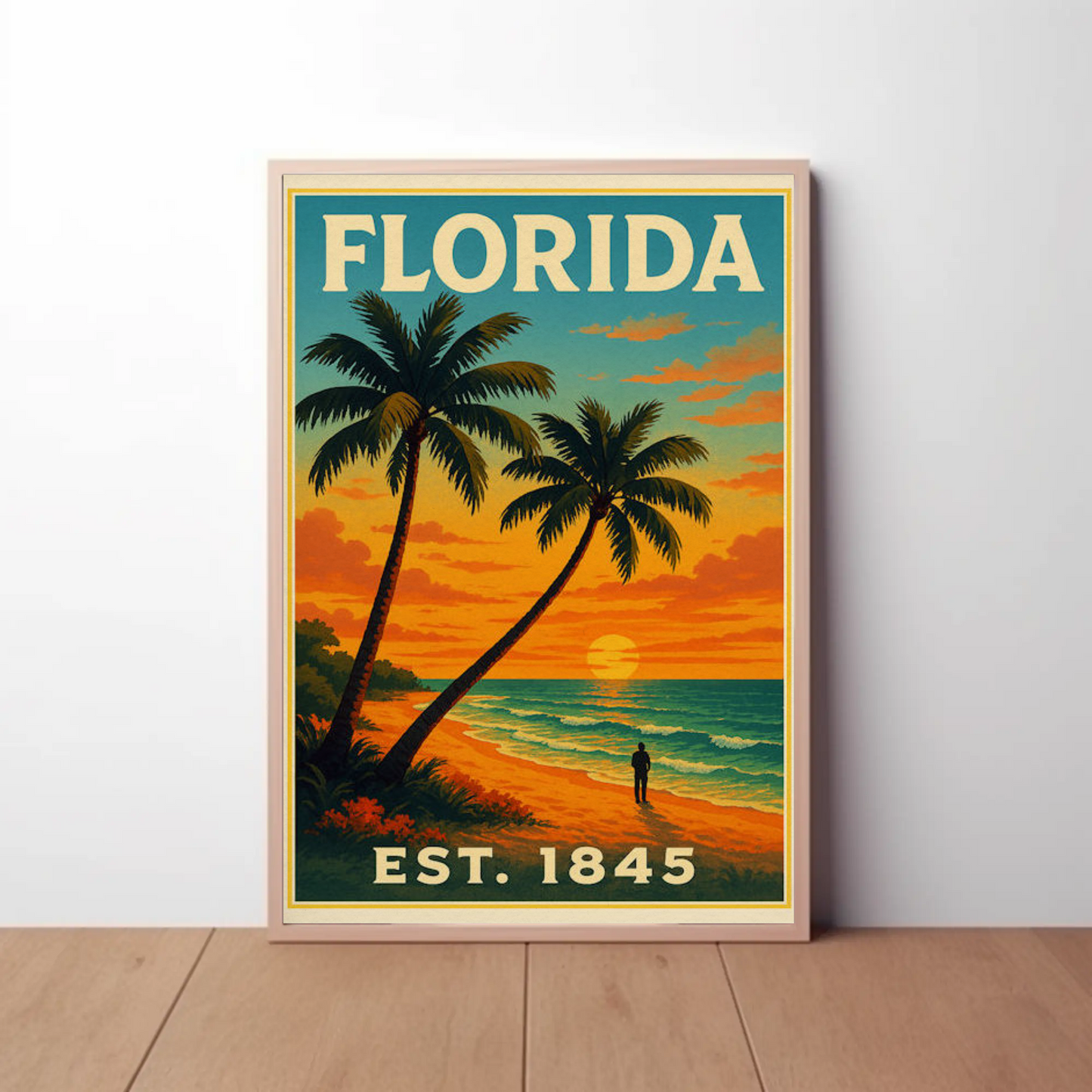 Florida Sunset Beach Walk Palms Horizon Travel Poster