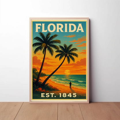Florida Sunset Beach Walk Palms Horizon Travel Poster