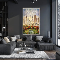 New York City Whimsical Skyline Poster Vintage Wall Decor