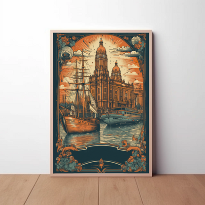 Historic Harbor Ship Architecture Floral Sunset Travel Poster